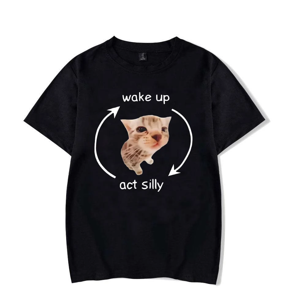 

Wake Up Act Silly Meme Graphic T-shirt Funny Cute Cat Print Short Sleeve T-shirt Men Women Casual Oversized T-Shirts