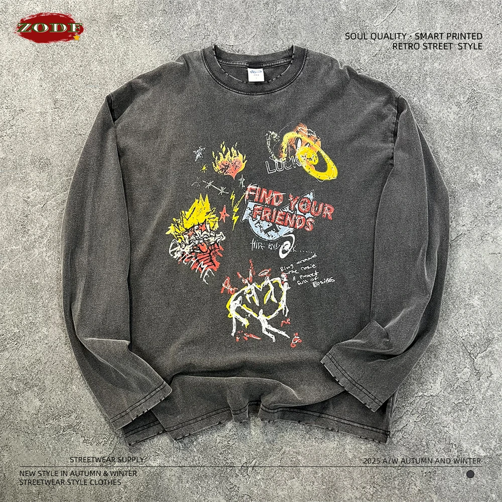 ZODF Retro Autumn Men Hip Hop Printing Cotton T-Shirts Unisex Long Sleeve 275gsm Washed T Shirt Brand Tees HY0014