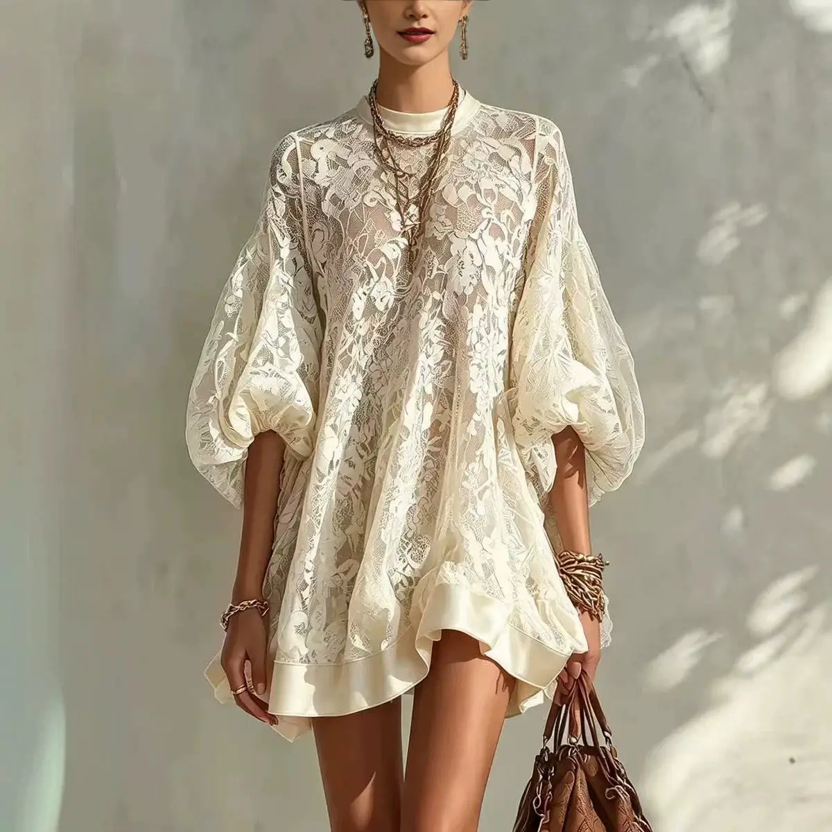Sexy Mesh-Kleid mit transparentem Oberteil für Damen, Rundhalsausschnitt, transparente Puffärmel, voluminöser Spitzenbesatz, Party- und Clubkleid, schickes Kleid