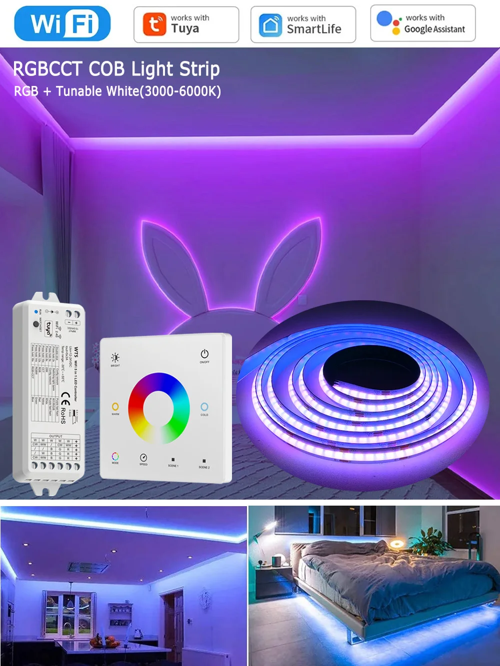 Bande LED COB RGB+CCT WiFi Tuya 10M 20M 24V Dimmable, éclairage de plafond de chambre à coucher, kit de télécommande tactile RF pour Alexa Google Assistant