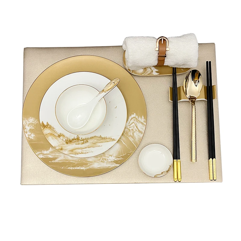 Ceramic Luxury Table Charger Plates Set Food White and Gold Dinner Plate Set Oriental Dishes Platos Porcelana Cutlery Set