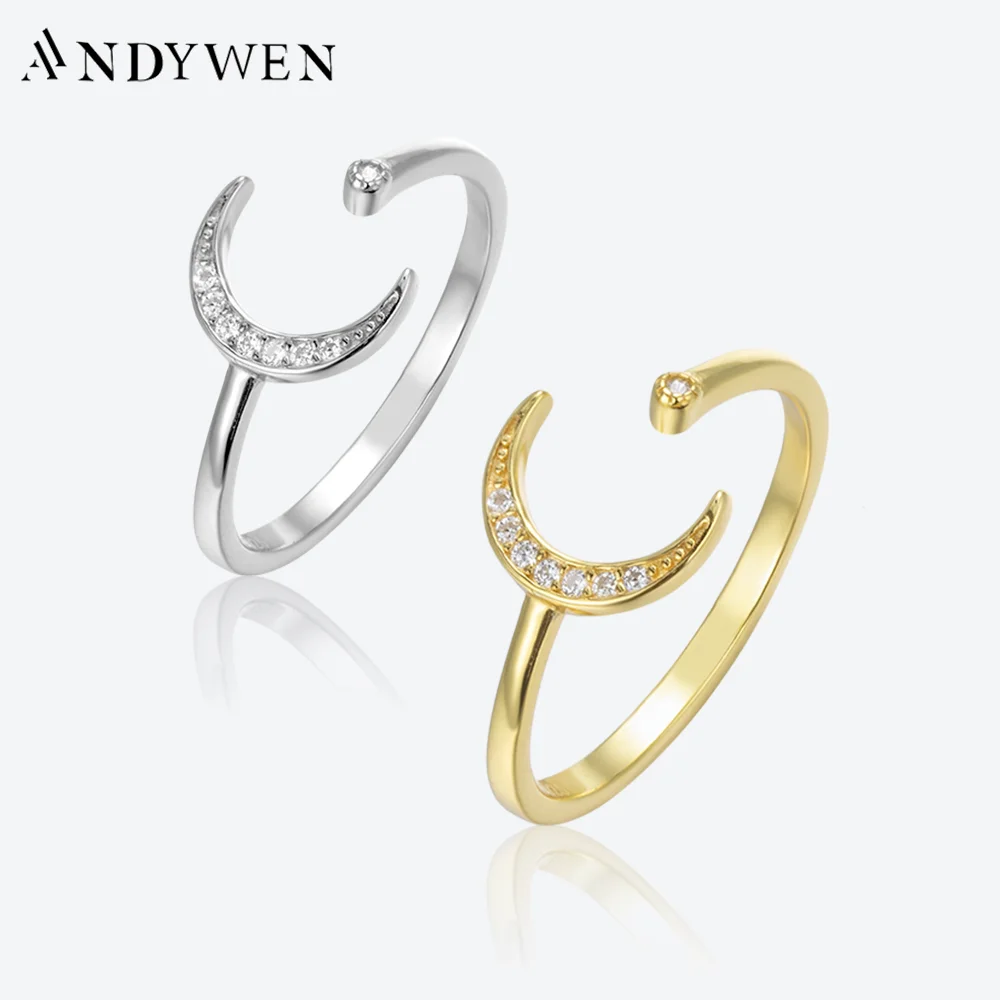 ANDYWEN 925 Sterling Silver Gold Moon CZ Love Resizable Women Rings Adjust Women luxury Fine Jewelry Simple Crystal Jewel