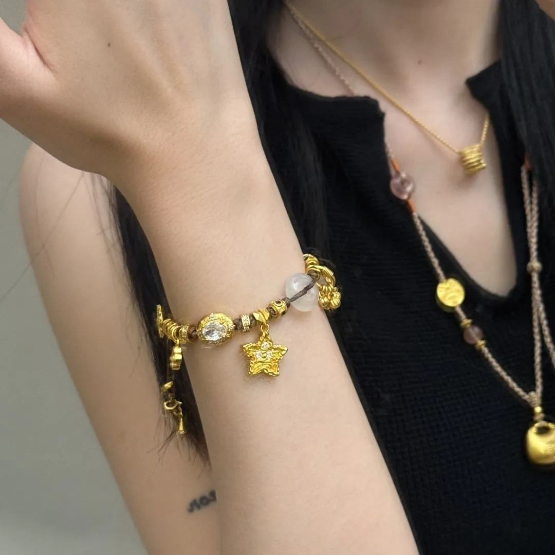 Chinese Style Lucky God Of Wealth Gourd Ruyi Safety Buckle Bracelet Vintage Gold Plated Star Entanglement Adjustable Bracelet
