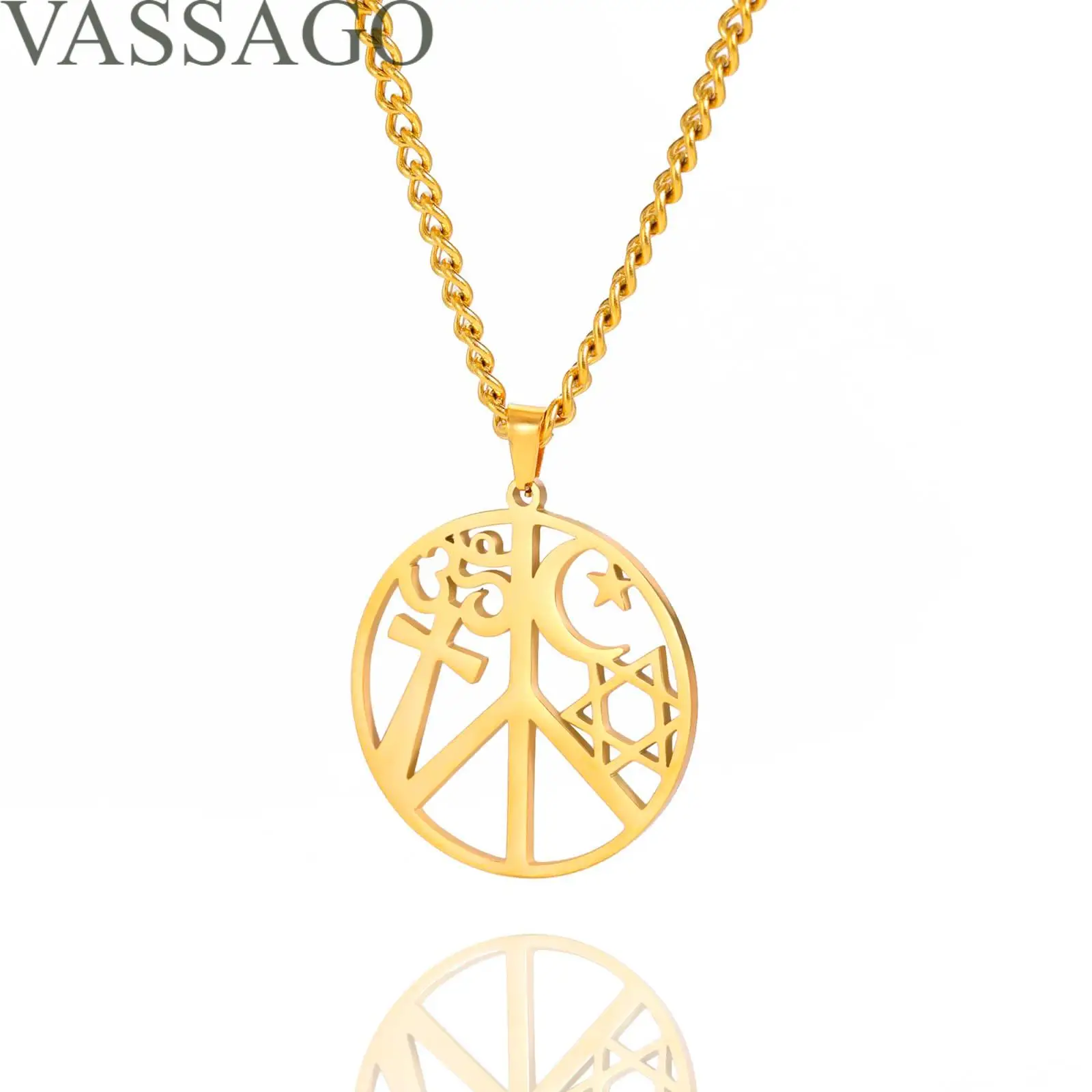 VASSAGO Coexist in Peace Sign Necklace Om Cross Star Crescent Moon Necklace Star of David Necklace Religious Jewelry