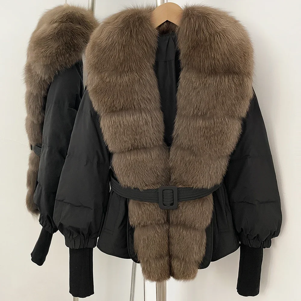 OFTBUY Fur Jacket Thick New Autumn Winter White Duck Down Coat Warm Female Belt Natural Fox Fur Fluffy Puffer Jacket Women