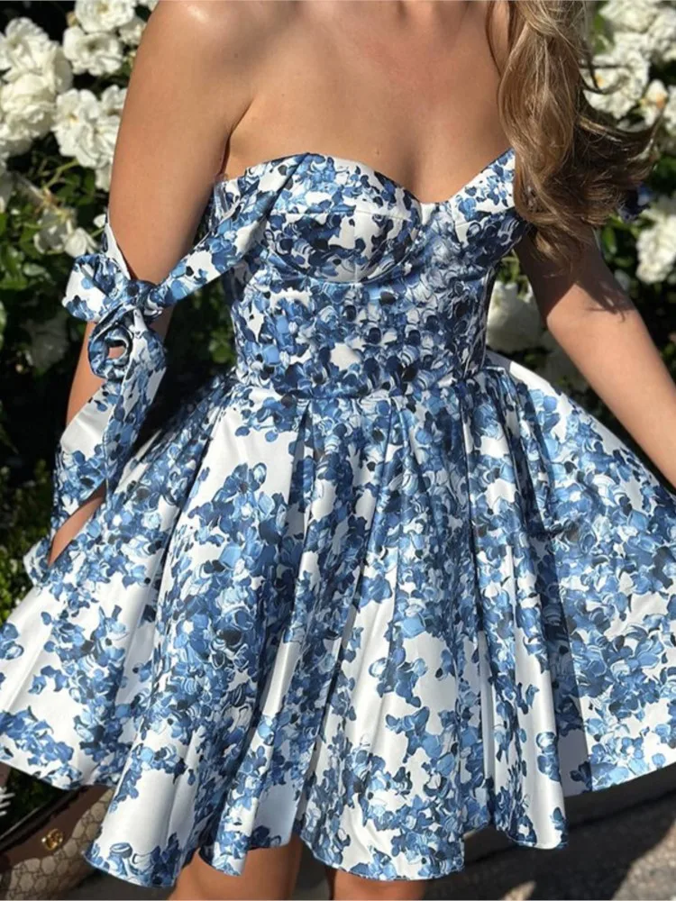 

V Neck Dress Printed Mini Dresses Elegant Pleated Hollow Out A-line Gown New Female Holiday Dinner Party Vestidos De Verano 2025