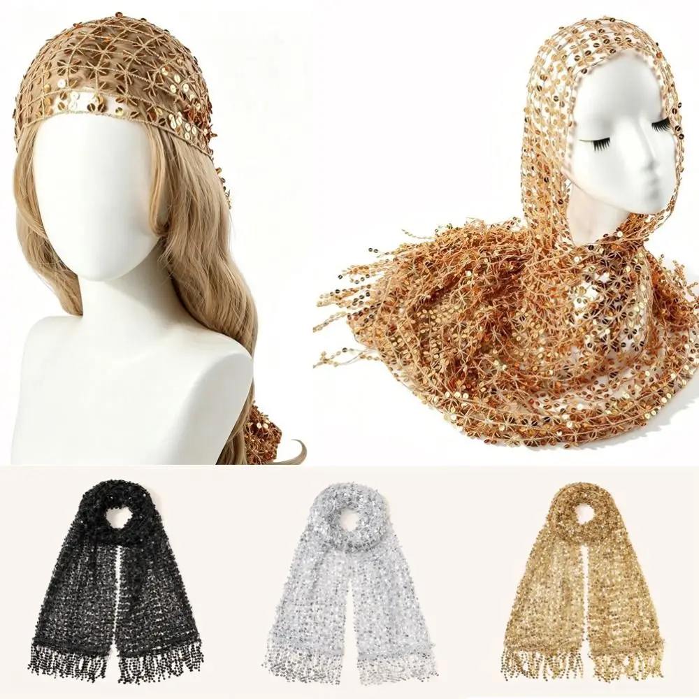 Vintage 150*50cm Fringe Scarf Shawl Sequin Deco Fringed Trim Bridal Wedding Cape Mesh Fabric Sparkle Headwrap Scarf for Women