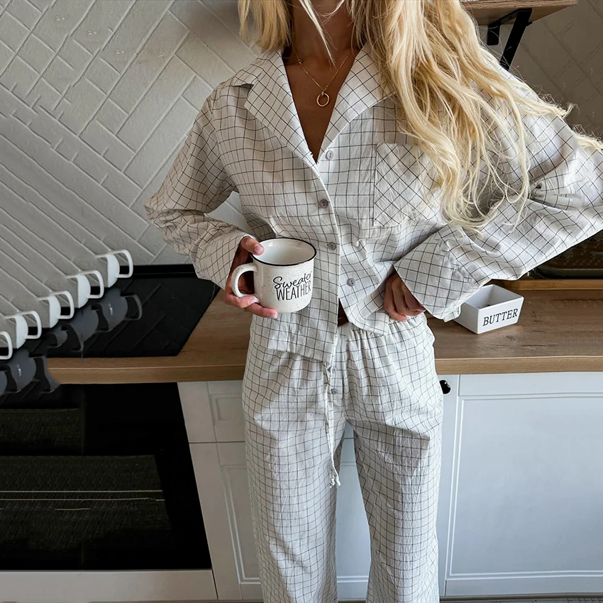 

HiLoc винтажные длинные брючные костюмы в клетку, одежда для сна, 2300, домашняя хлопковая блузка с длинными рукавами и брюки на шнурке, комплекты из 2 предметов, осень