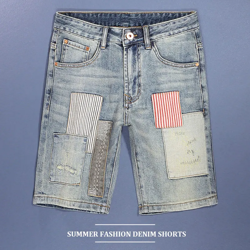 Summer Designer Fashion Men Jeans Retro Washed Blue Stretch Slim Fit Short Ripped Jeans Hombre Patched Hip Hop Denim Shorts Men