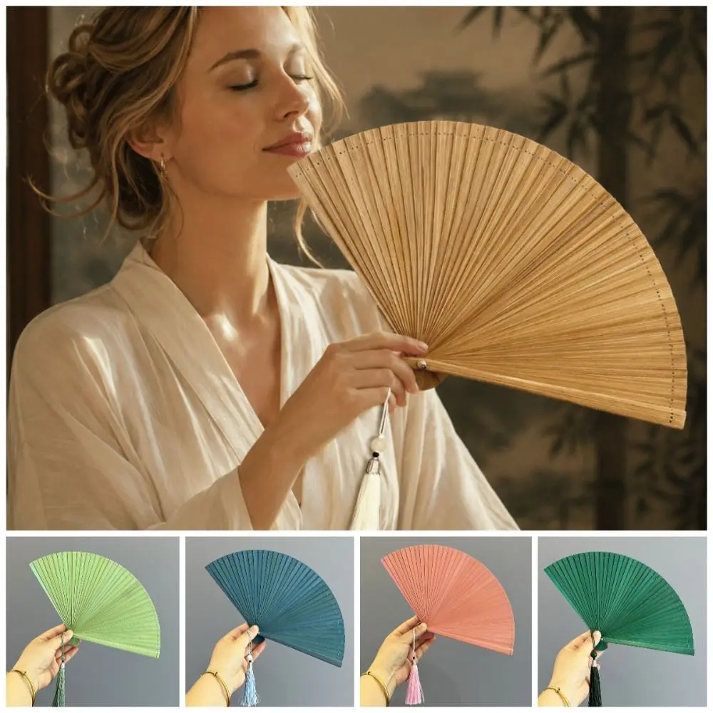 Chinese Style Folding Bamboo Fan Portable Exquisite Elegant Handheld Fans Solid Color Retro Kimono Fan Lady Dance Props