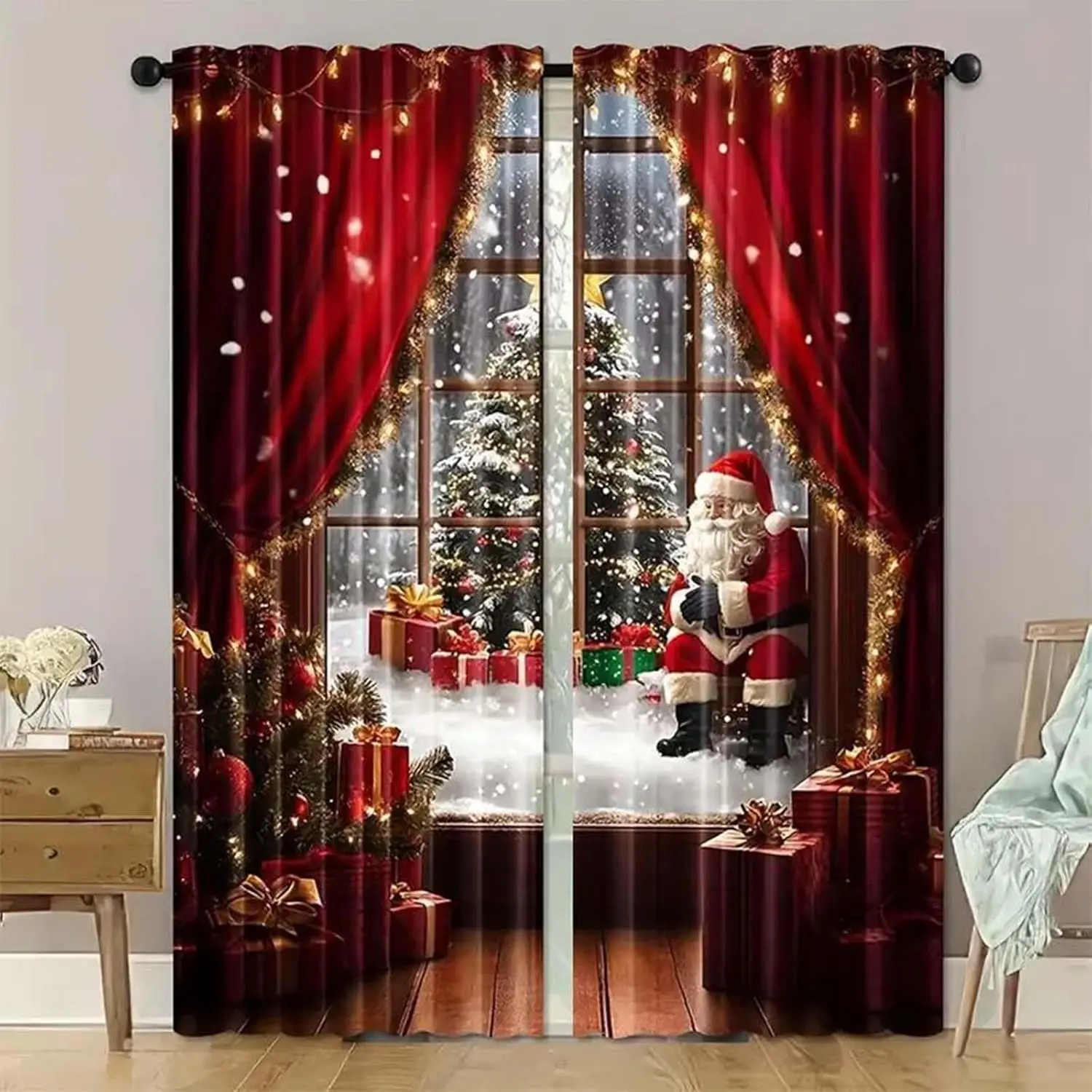 Santa Claus Window View Curtains Christmas Tree Snow Print for Living Room Holiday Decor