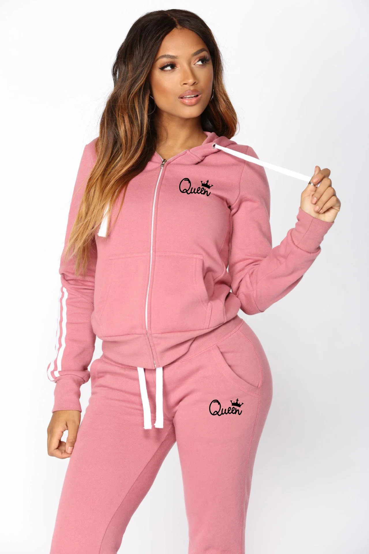 Fashion Women\'s Hot Long-sleeved Sweater Trousers 2PCS Sportswear Spring Fall Tracksuits Print QUEEN Hooded Joggers Sports Sets