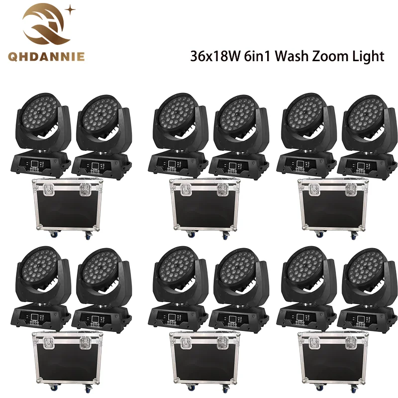 36x18W Moving Head Led Wash Zoom Stage Light 6in1 RGBWAUV DMX Controller NightClub DJ Disco (12 Lights with 6 Flightcase)