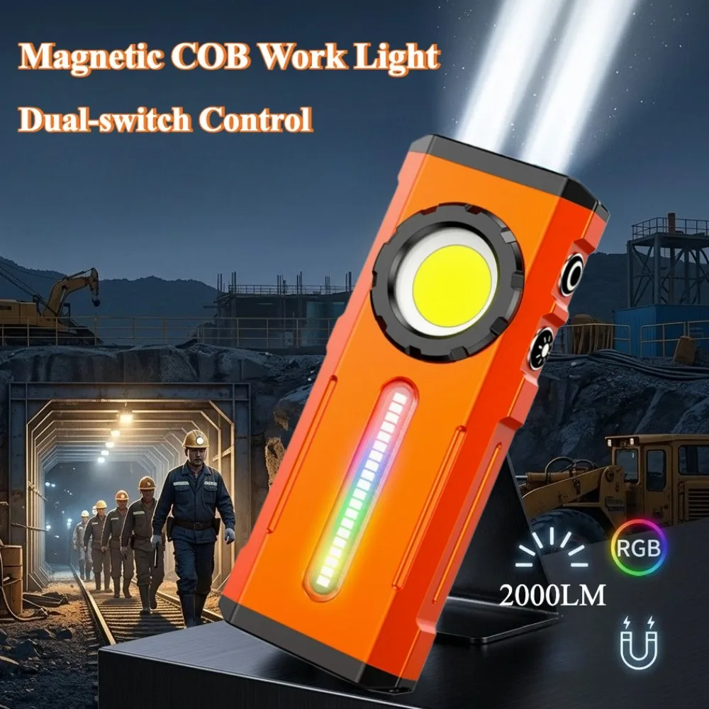Magnetic COB Work Light Type-C Charging RGB Side Lights Portable LED Flashlight with Hat Clip for Outdoor Camping Hiking