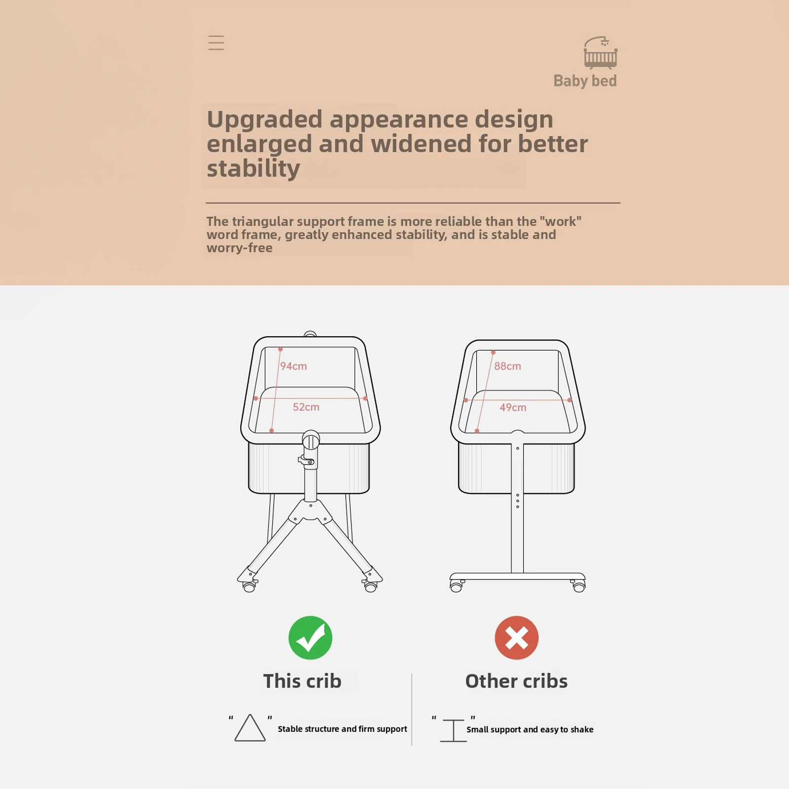 سرير أطفال محمول مع دعم مثلث سرير أطفال أساسيات لحديثي الولادة للنوم المهدئ مهد أطفال قوي متصل بسرير كبير سرير هزاز متحرك مع عجلات ناموسية سلة تخزين هزاز للأطفال #2