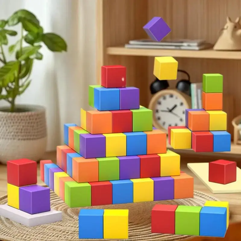 

30/50/100pcs Pack Baby Figure Building Blocks, Wooden Stacking Cubes, Kids Color Learning Square Wood Toy