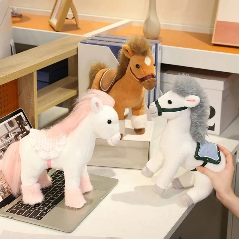 Unique Cute Stuffed Animal Horse Soft Lifelike Horse Plush Doll Toys 30cm with Saddle Zodiac Pony Figurine Home Decor