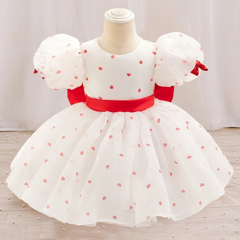 

Baby White Baptism Dress For Girls Red Heart Printed Bow Girl Summer Clothes Toddler Baby 1st Birthday Princess Party Dresses