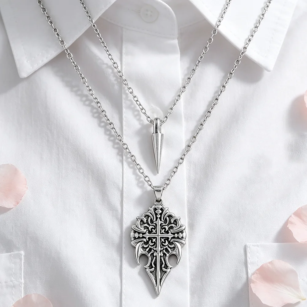 Vampire Lestat Layered Necklace, Vintage Antique Silver Gothic Cross Spear Double Chain Pendant Necklace, Dark Jewelry