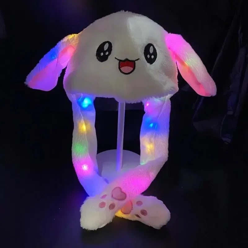 Czapka królicza z ruchomymi uszami i świecącymi diodami LED, urocza, miękka ozdoba na głowę dla kobiet i dziewcząt, idealna na święta, cosplay, imprezy, do noszenia na co dzień, do domu, zabawna, regulowana, wytrzymała.
