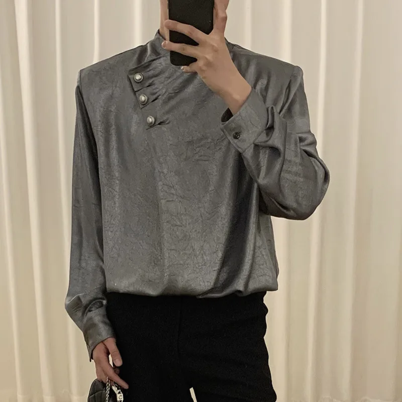 WVGA Spring Autumn New Men Long Sleeved Shirt Niche Irregular Placket Loose High-end Stylish Casual Stand Collar Tops Ins W24462
