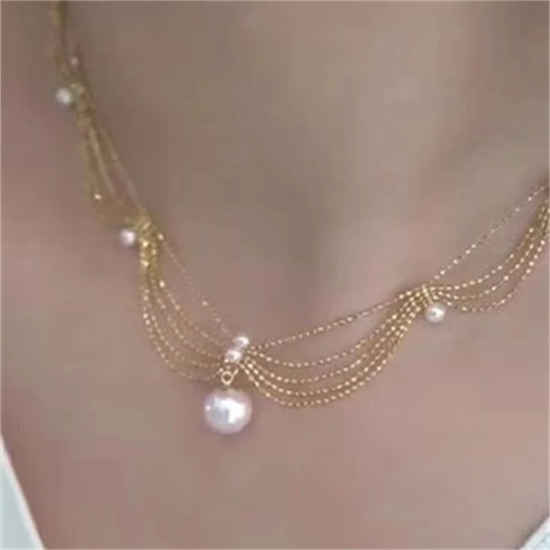 Fashion Popular Palace Wind Wave Multi pearl Fishtail Necklace Female Lace Collar Chain Pearl Lace Knitted Necklace