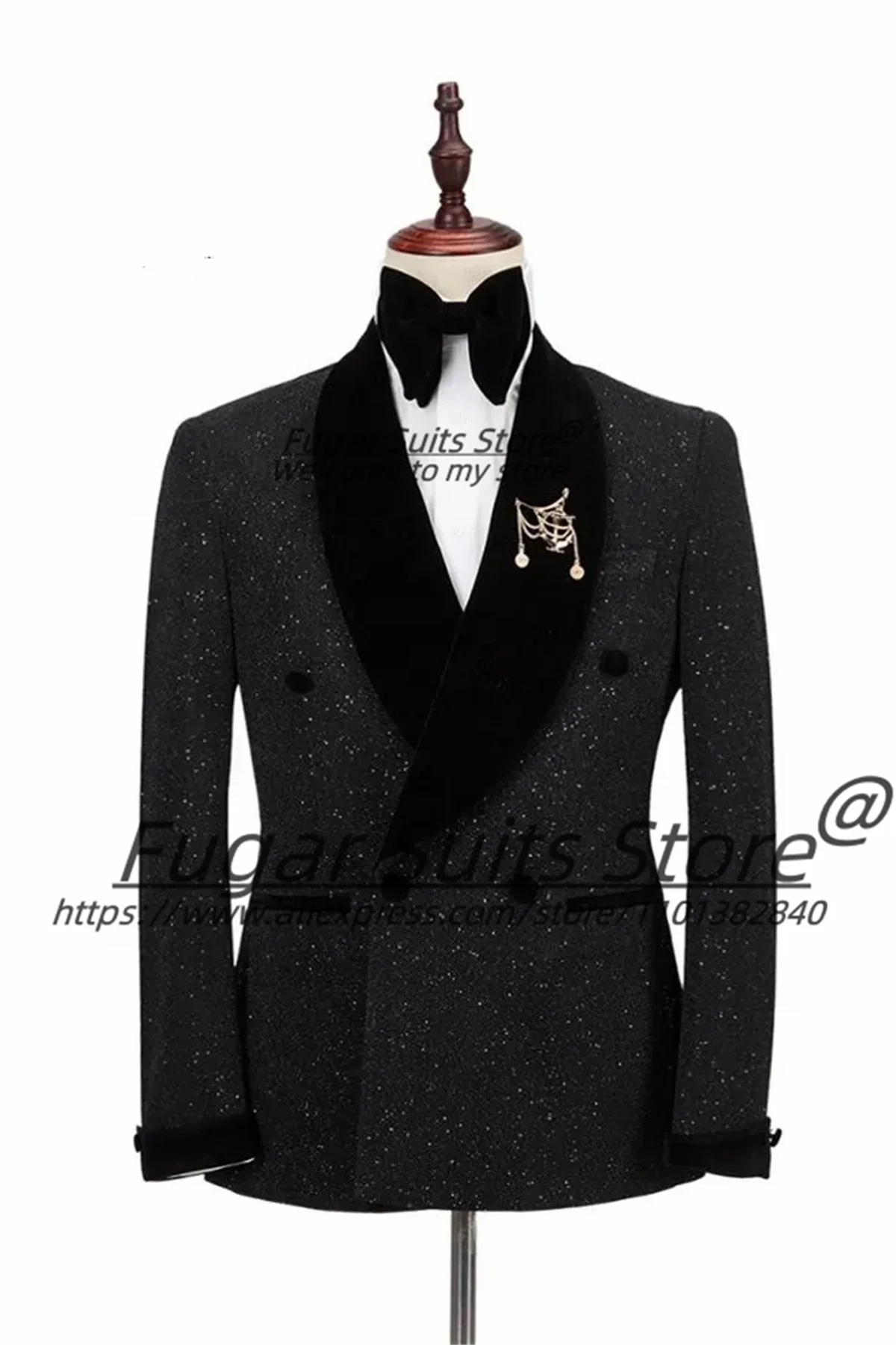 Customized Slim Fit Shawl Lapel Double Breasted Sparkle Black Groom Wedding Tuxedos 2 Pieces Sets Male Prom Blazers Ropa Hombre