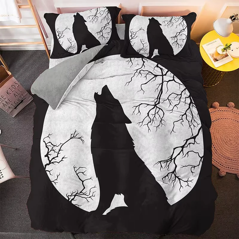 Wolf Bedding Set Queen Twin Galaxy Duvet Cover Set Safari Animal Print Comforter Cover Juvenile Roaring Wolf Natural Quilt Cover