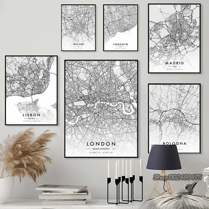 City Map Paris New York Canvas Painting Poster HD Printed Black and White Map Wall Art Picture Living Room Bedroom Home Decor