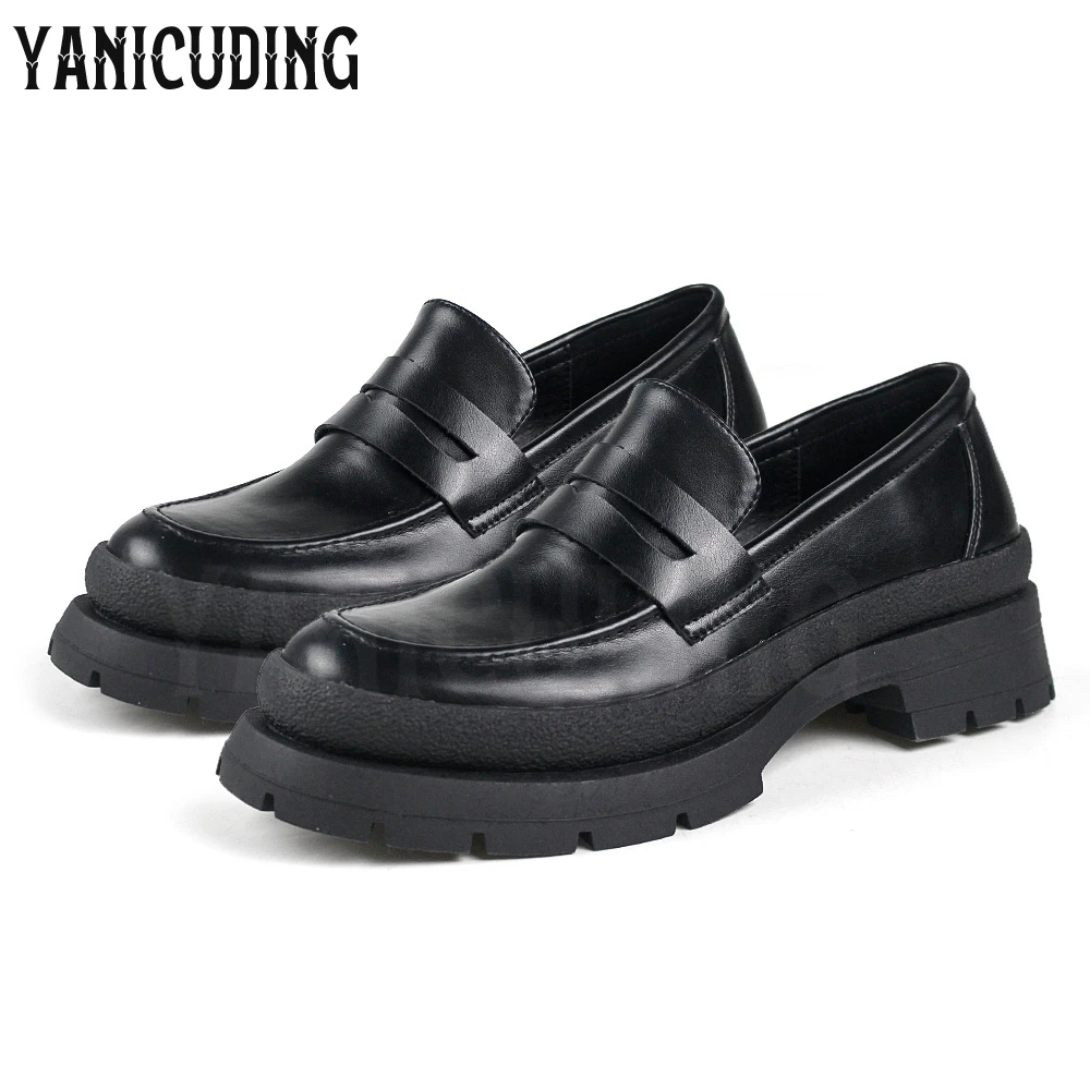 British Style Black Leather Shoes Women's Slip On Comfortable Casual Shoes Fashion Style Platform Round Toe Flat Shoes In Stock