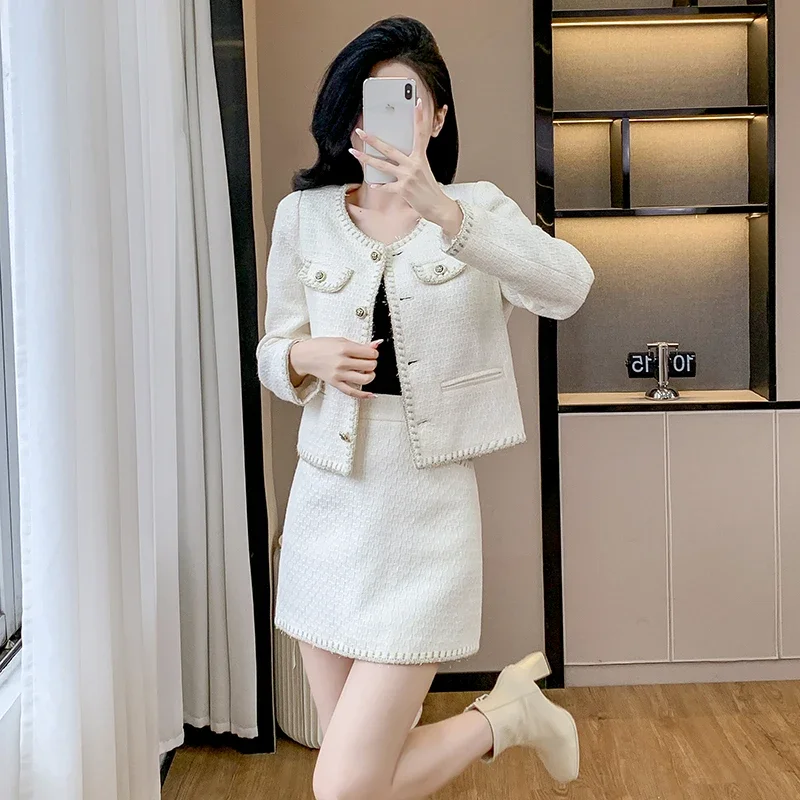 Temperament Elegant Women Suit Jacket Autumn and Winter High-end Socialite Tweed Short Coat Top Half-length Skirt Two-piece Set