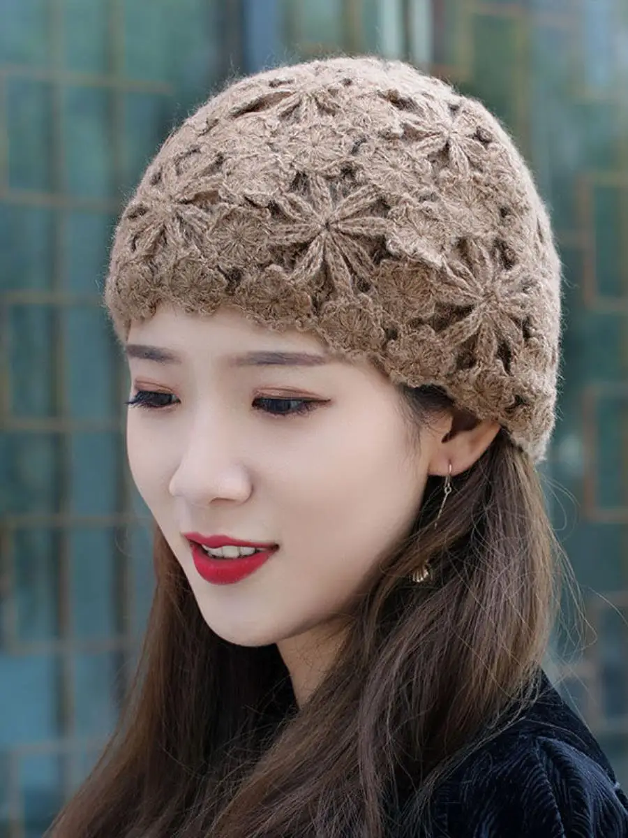秋冬暖かい中空ニットスイカ皮帽子手作りかぎ針編みフラワーヘアカバーヤーンキャップおしゃれな2点セット