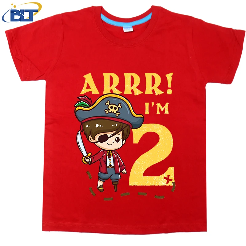 Camiseta con estampado de capitán pirata para niños, top informal de manga corta de algodón de verano, adecuado para niños y niñas, 2 ° cumpleaños