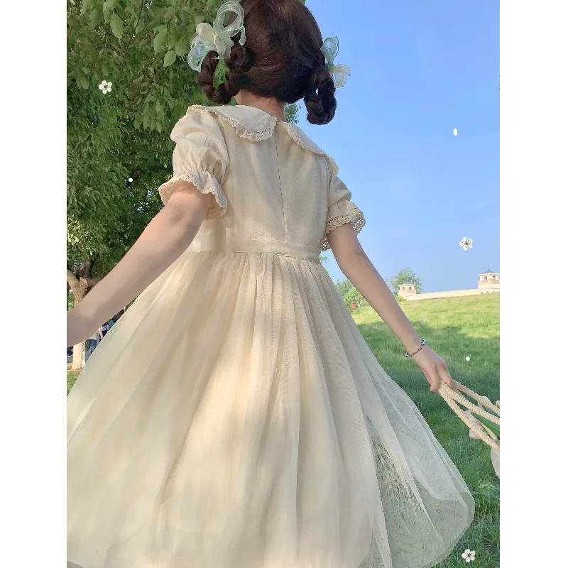 Sweet Lolita-Robe de princesse japonaise douce pour filles, nœud mignon, col claudine, manches courtes, robe d'été Kawaii