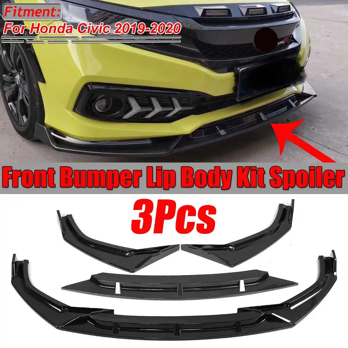 Carbon Fiber Look / Black 3PCS Car Front Bumper Splitter Lip Body Kit Spoiler Diffuser Guard Trim For Honda For Civic 2019-2020