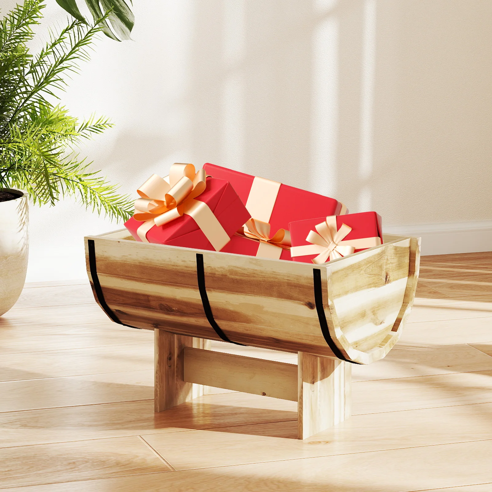 Outdoor Wooden Planter Solid Acacia Wood Half-Barrel Planter Box w/ Legs