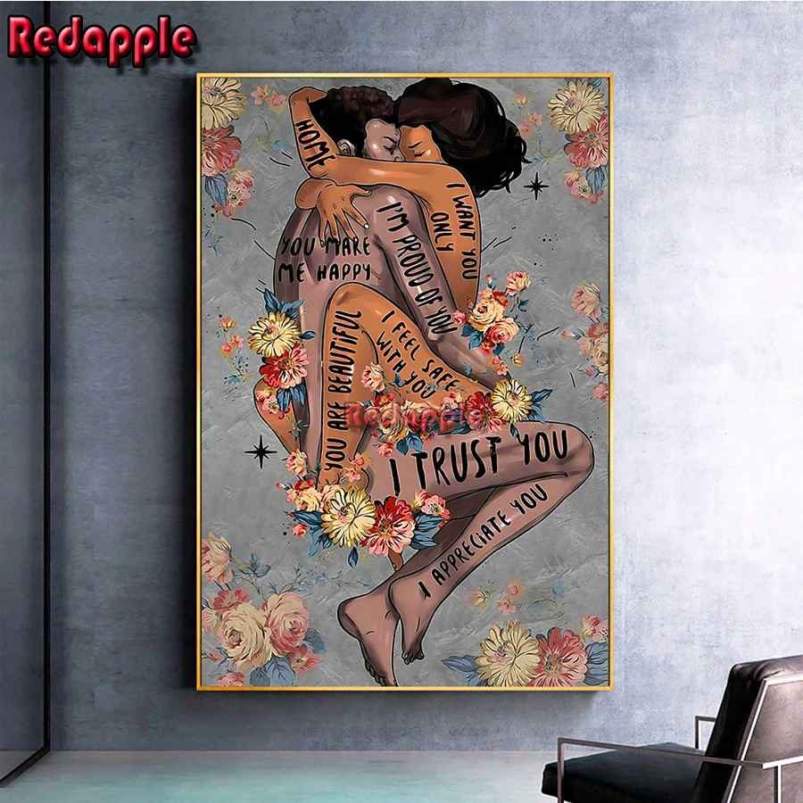 Abstract Flower Black Couple Motivating Love Picture, 5D Diamond Painting, Full Mosaic Art, Embroidery of Rhinestones, Gift