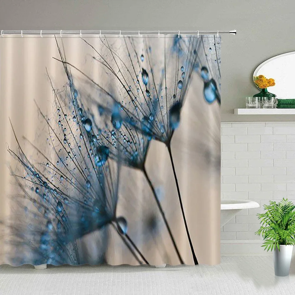 Dandelion Flower with Waterdrop Printing Shower Curtains Waterproof Cloth Curtain Set Fabric Bathroom Home Decor Bathtub Screens