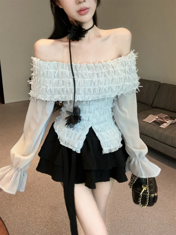 

Sweet Style Shoulder Bared Neck Hanging Flower Tassel Top And Cake Skirt Two Piece Set for Women Korean Version Slim Fit