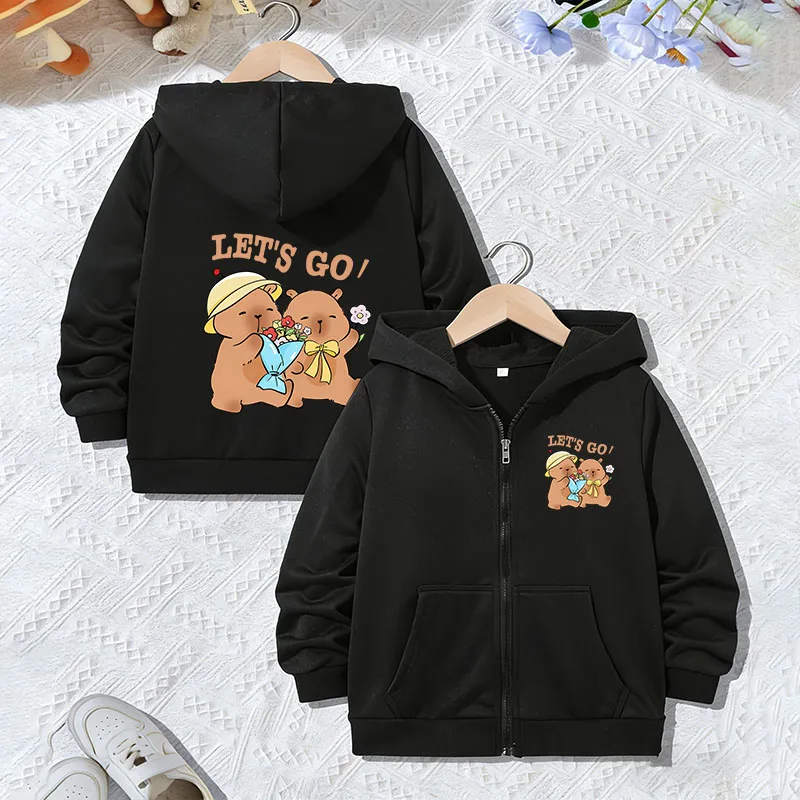 Modische Freizeitjacke mit Kapuze und Capybara-Motiv für Jungen und Mädchen, Reißverschluss, Frühling und Herbst, trendige Tier-Cartoon-Sweatshirts mit Reißverschluss