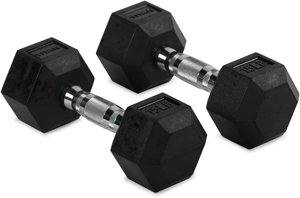 

15 LB Pair Rubber Coated Hex Dumbbells, Roll-Resistant Hexagonal Free Weights, Chrome-Coated Handles with Knurling, Strength Tra