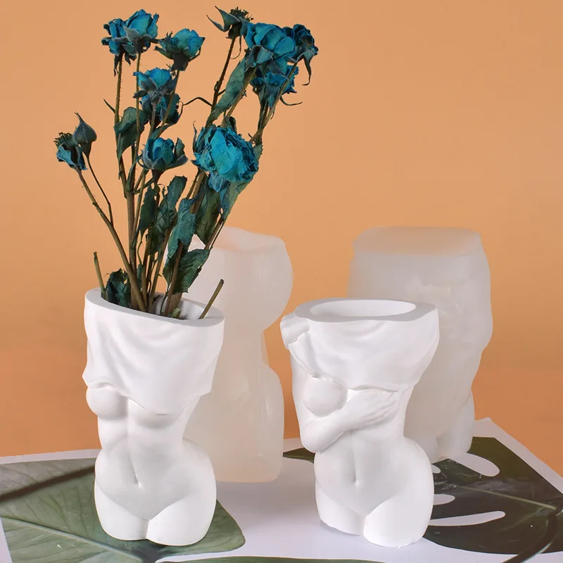 Shy Undressing Female Vase Silicone Mold DIY Handmade Sexy Woman Body Flower Pot Pen Holder Potted Plaster Resin Mold Home Decor