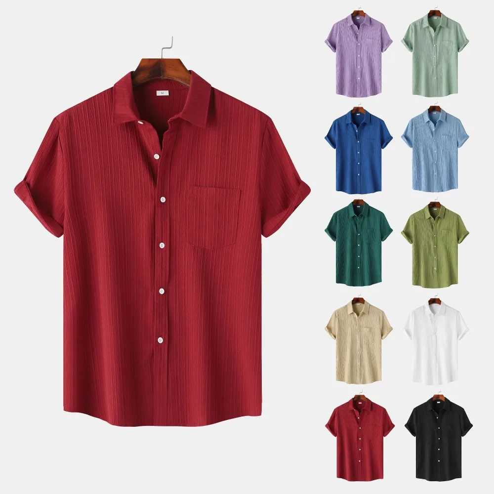 

Summer 2025 Mens Short Sleeved Shirt Summer New Solid Color Lapel Short Sleeved Shirt Mens Pure Color Men Dress Shirt