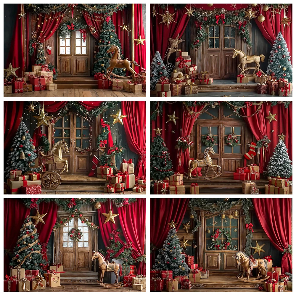 

Christmas Vintage Wooden Door Curtains Photography Backdrop Child Birthday Party Xmas Tree Horse Toy Decor Background Supplies