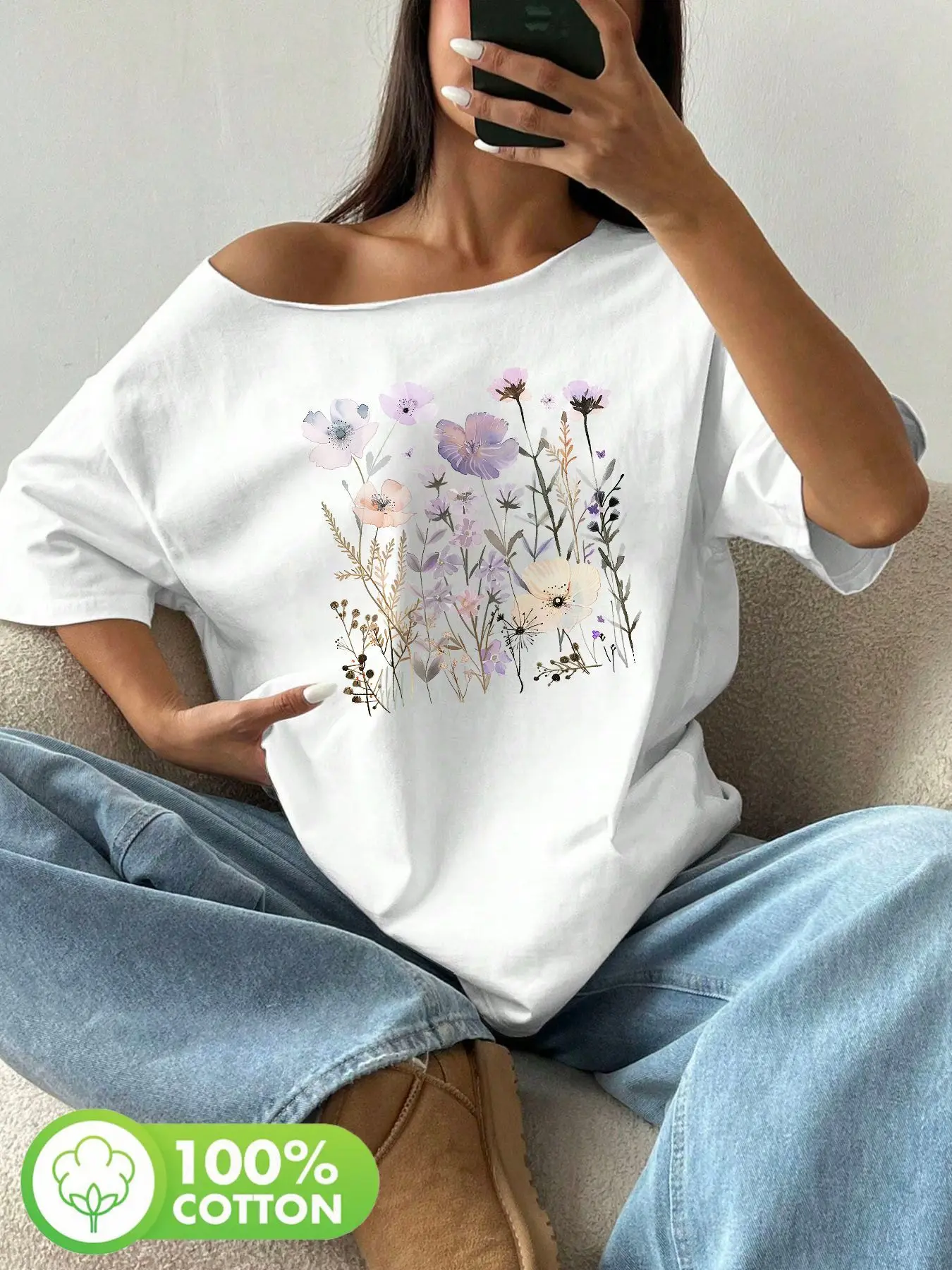 

Plus Size 100% Cotton Shoulder Loose Print T-Shirt Oversized Y2K Style Graphic Tees Women Tops Summer Off The Shoulder Top