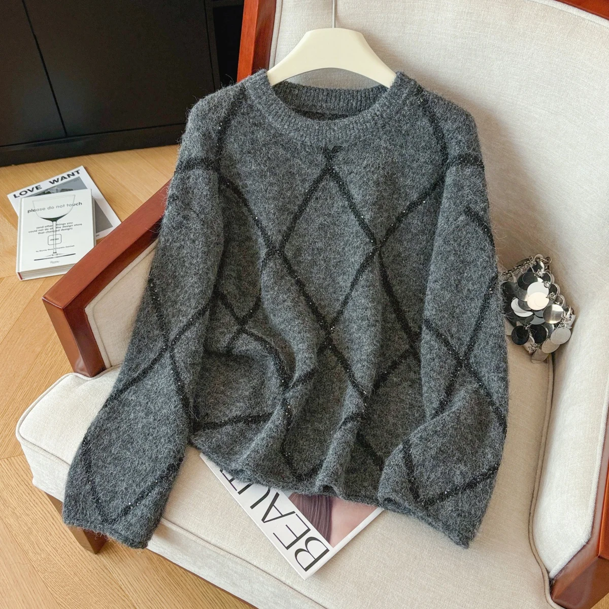 

Women's Grey Plaid Pullover Sweater Vintage Jumper Knit Long Sleeves Cozy Soft Cashmere Sweater Autumn Winter 2000s Clothes 2025