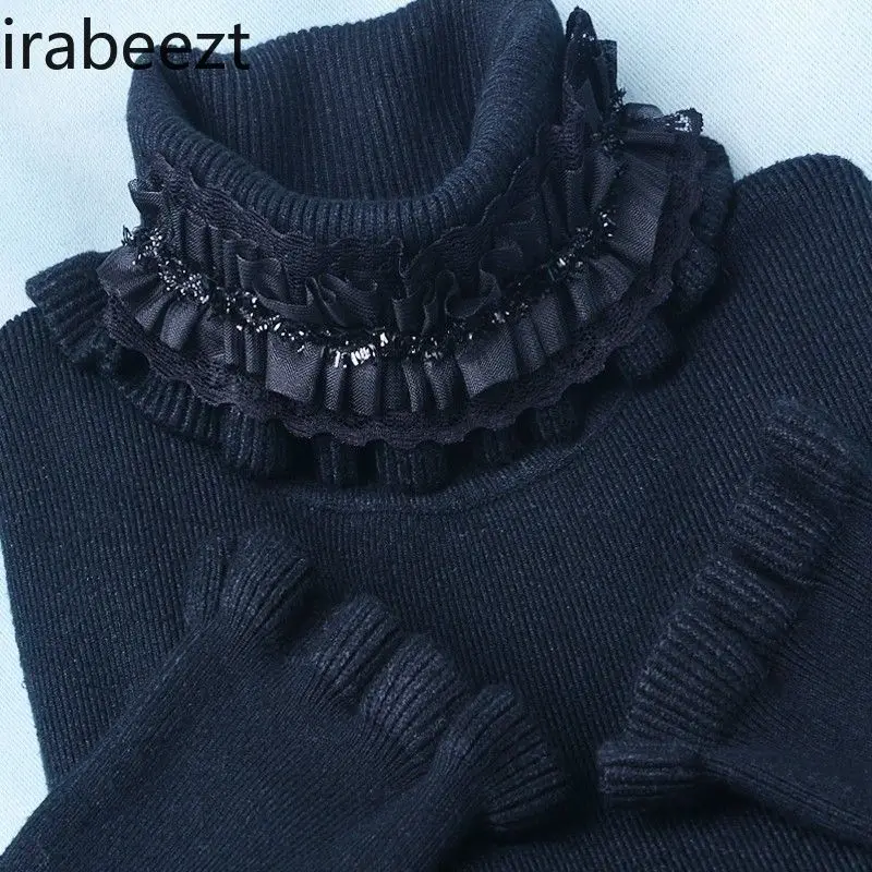 

Black Lolita base sweater tops elastic slim-fit lotus sleeve blouse Autumn and winter warm knitwear original pullover