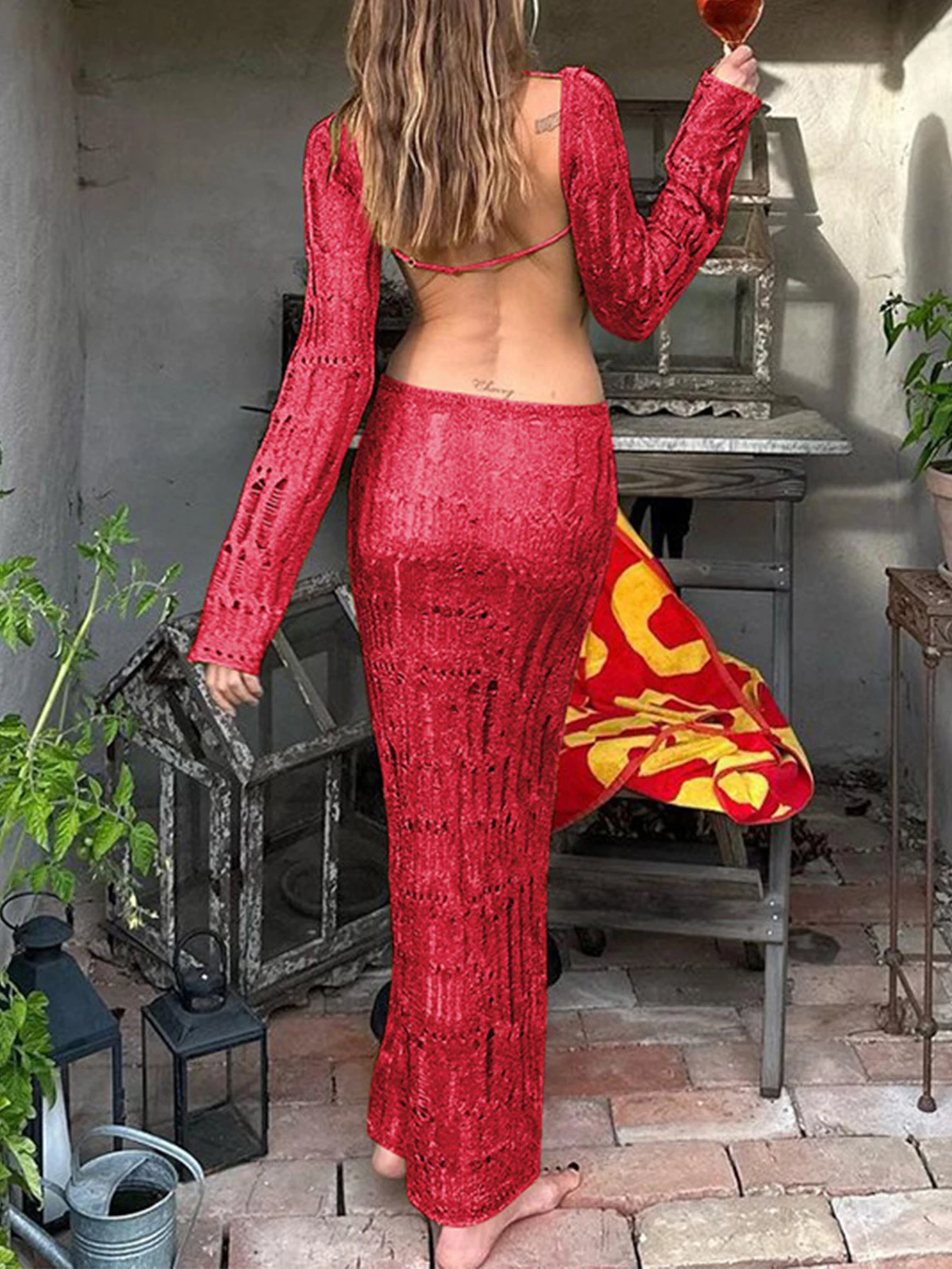 Vestido largo sexi ajustado de manga larga con cuello barco ahuecado transparente con agujeros recortados vestido informal de otoño con ribete de lechuga