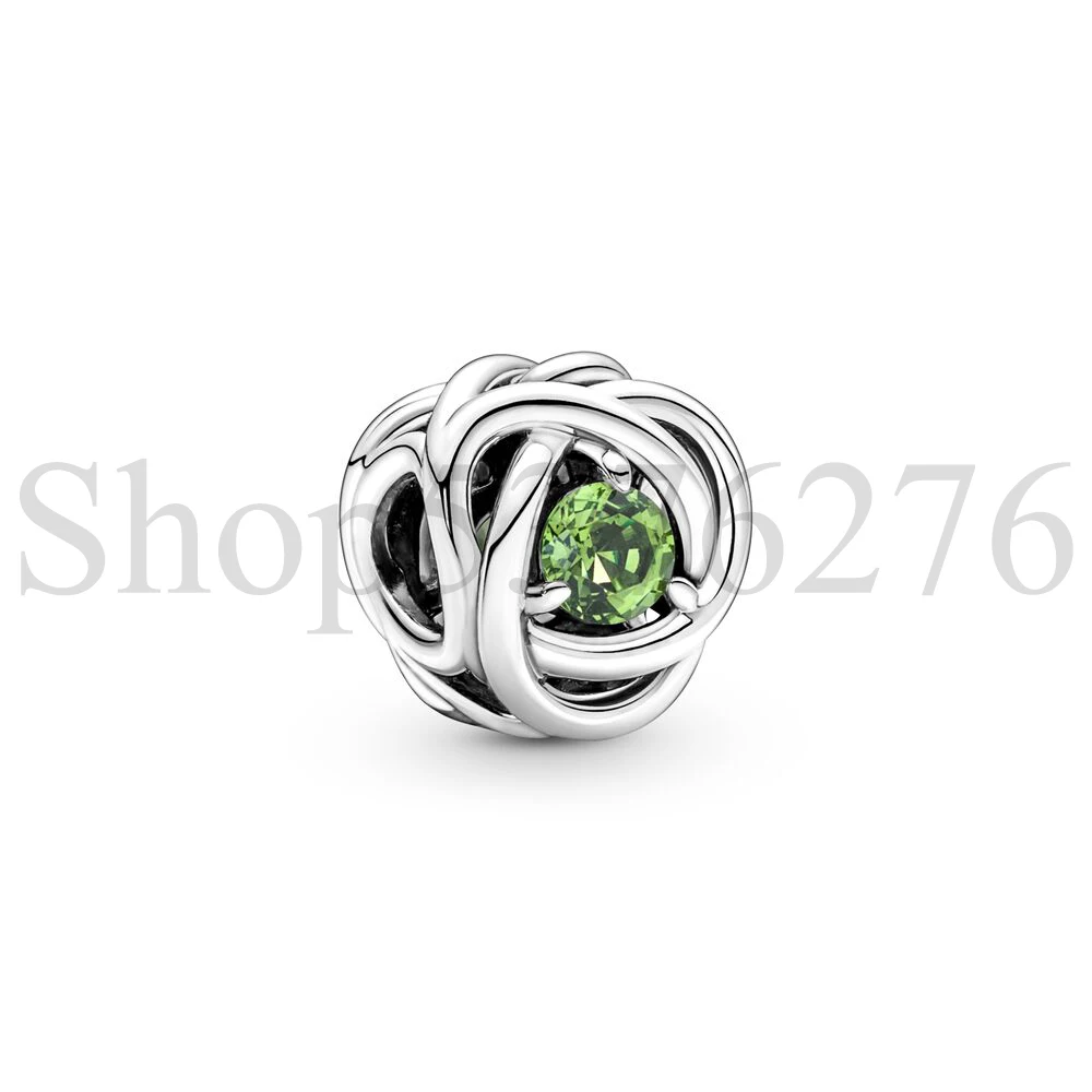 Real 925 Sterling Silver Bead Twelve Months Birthstone Eternity Circle Charm Fit Fashion Women Bracelet Bangle Gift DIY Jewelry