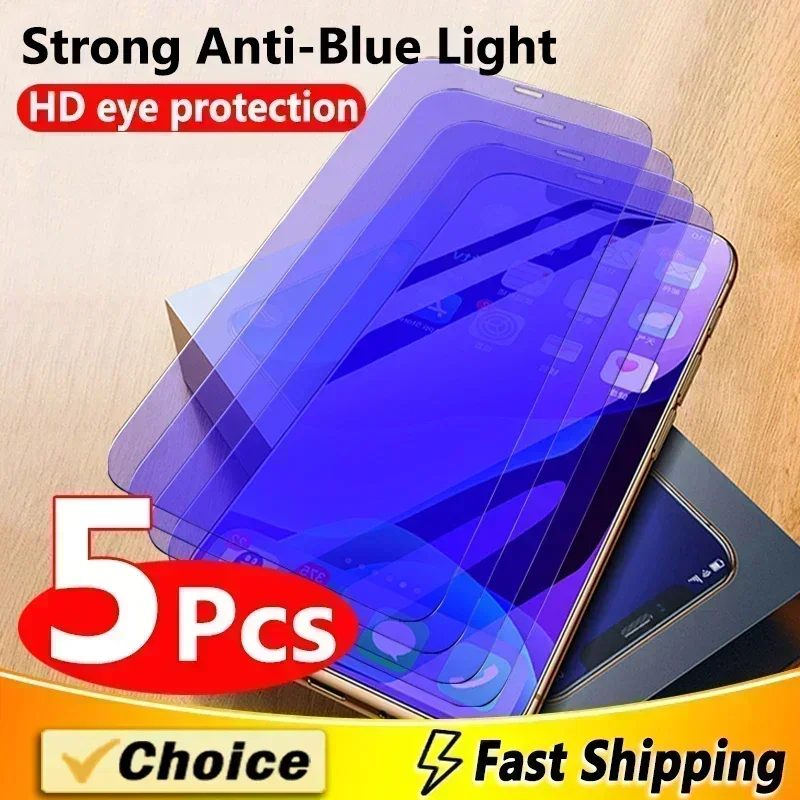 5Pcs Anti Blue Light Glass for iPhone 13 15 11 12 14 Pro Max Protect Eyesight Screen Protector For iPhone 11 XS Max XR 8 7 Plus